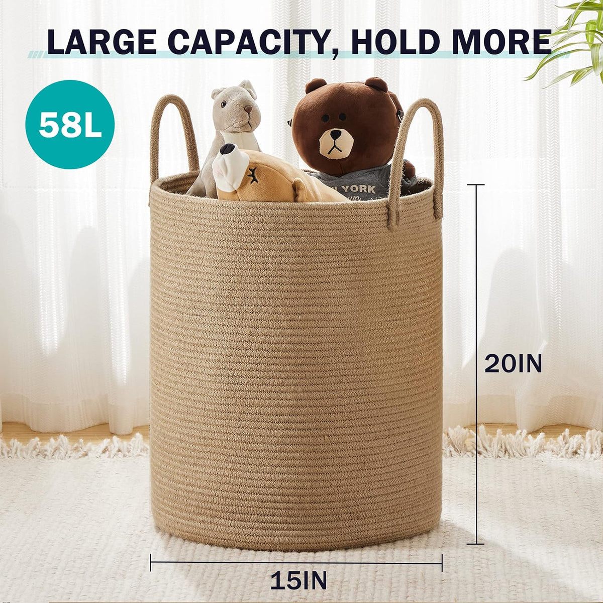 Cesta Canasta de Lavandería de Cuerda de Yute por YOUDENOVA, Cesta de Lavandería Alta de 58L, Canasta de Cuarto de Bebé para Almacenamiento de Mantas para Dormitorio-Grande-Yute