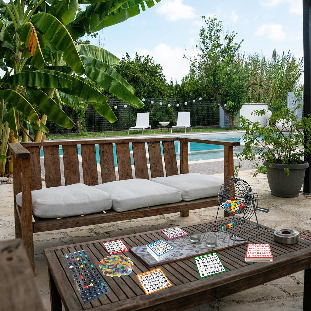 SEETOOOGAMES Juego de bingo de lujo, jaula de metal, 50 tarjetas de bingo, 500 hojas de papel, 500 fichas, 75 bolas, tablero maestro de plástico, ideal para grupos grandes, juegos familiares, noches de fiestas (jaula redonda)