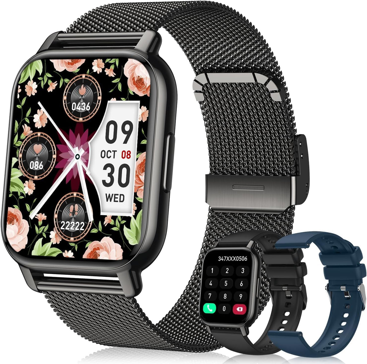 Reloj inteligente para mujer (3 bandas), reloj inteligente con llamadas Bluetooth y control de voz AI, pantalla HD de 1.85 pulgadas, monitor de frecuencia cardíaca/SpO2, rastreador de sueño, compatible con Android iOS (negro)
