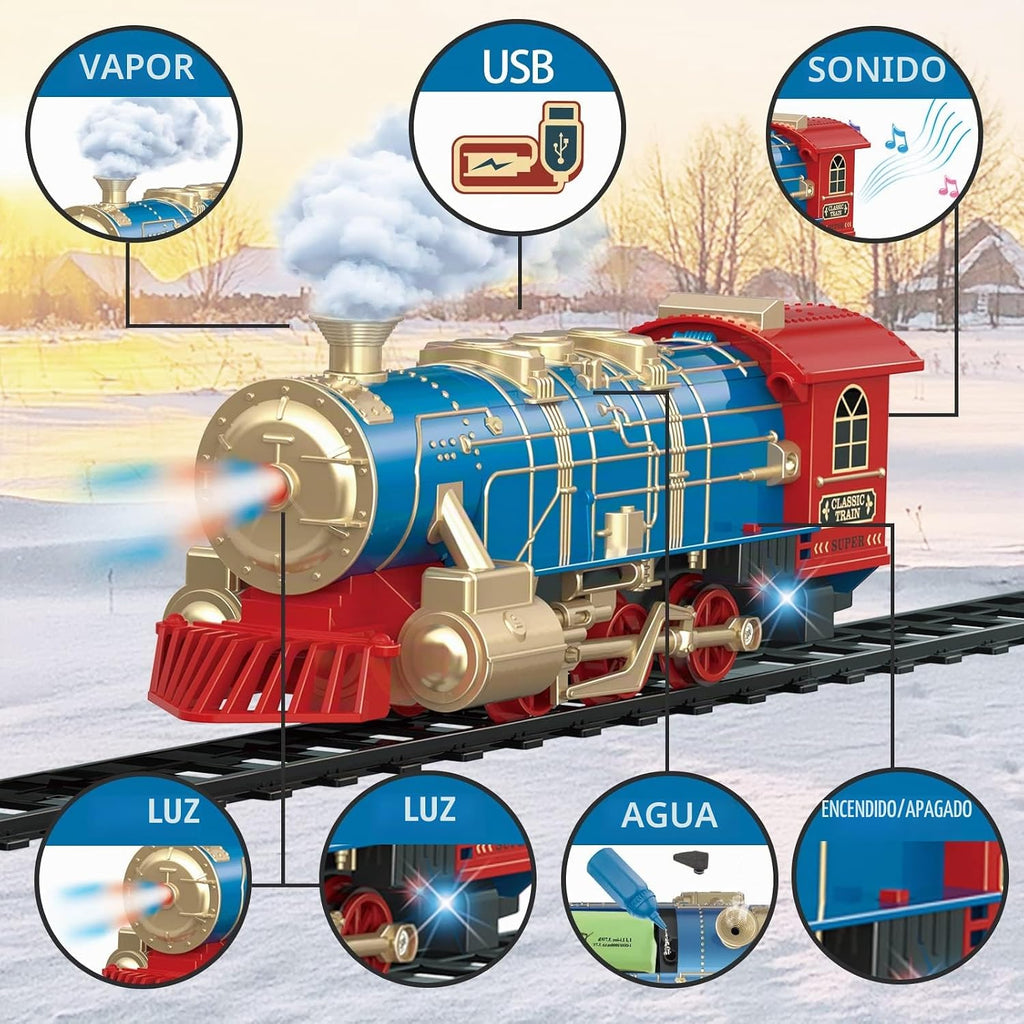 Juego de tren de control remoto para niños de 3 a 8 años, tren de juguete eléctrico con vapor, luces y sonidos, incluye 17 pistas y batería recargable para jugar en interiores