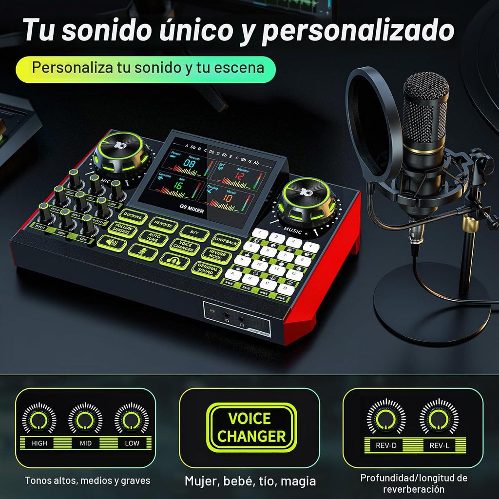 Paquete de micrófono de podcast con tarjeta de sonido en vivo y mezclador de audio, equipo de podcast paquete de tarjeta de sonido con panel de efectos de sonido con micrófono de condensador de 3.5mm
