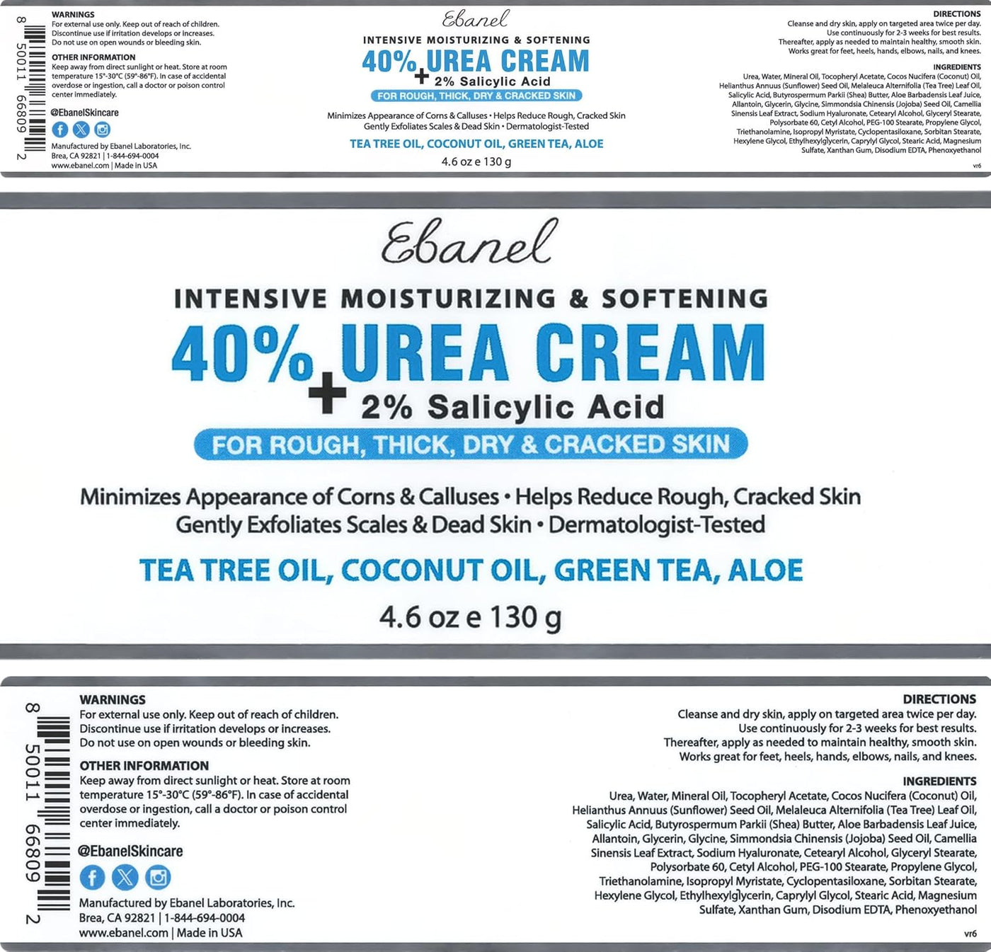 Ebanel Crema de urea 40% más ácido salicílico 2%, crema para pies p...