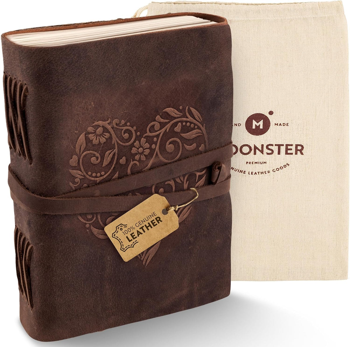 moonster Diario de cuero con forma de corazón en relieve, cuaderno rayado no recargable de 8 x 6 pulgadas, 400 páginas de papel kraft con rayas universitarias, cuaderno pequeño inspirador, diarios de