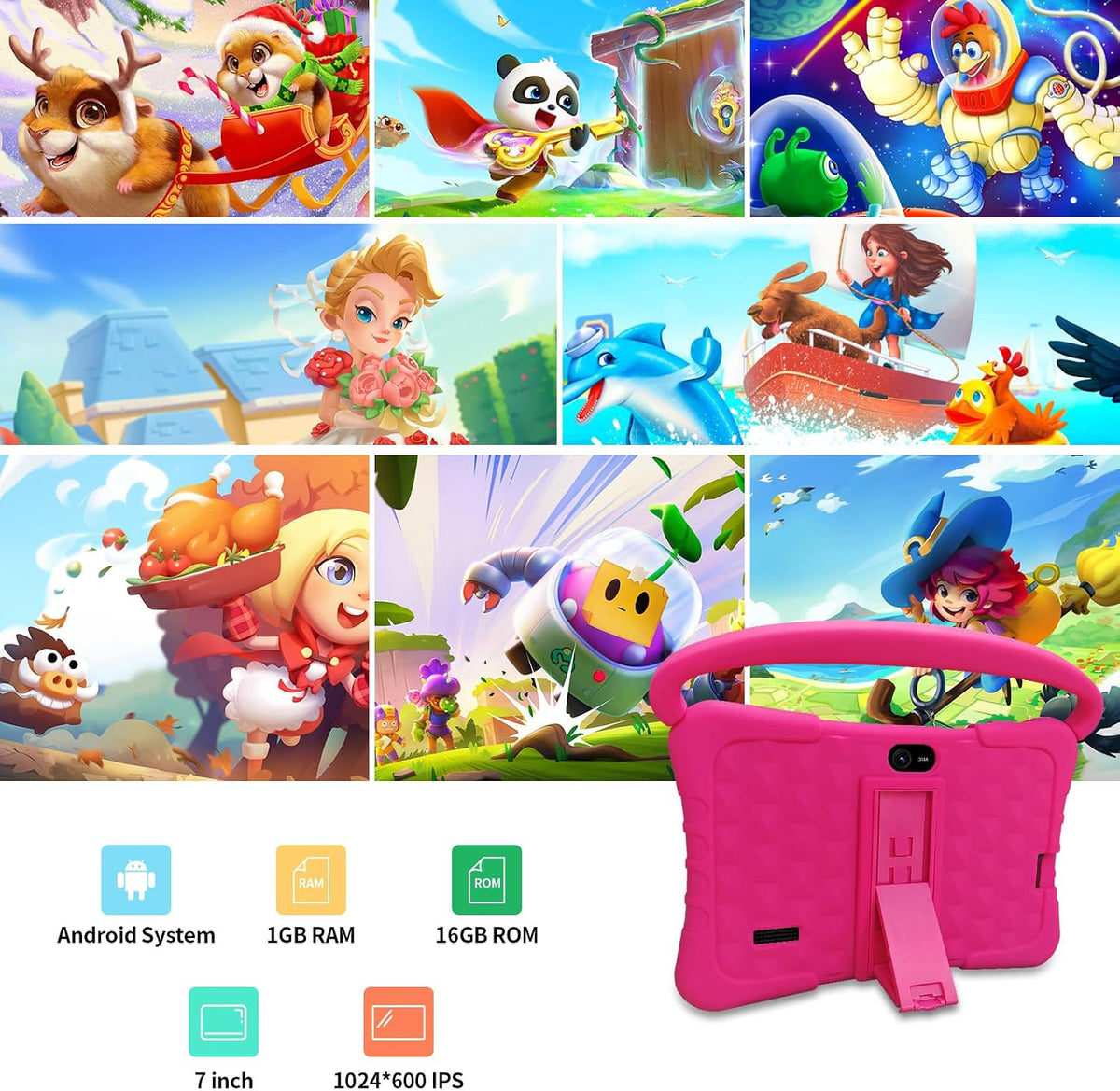 Tablet Kids de 7 pulgadas con funda a prueba de golpes, 1 GB de RAM 32 GB ROM, tableta Android para niños pequeños con Bluetooth, WiFi, GMS, control parental, educativo, juegos (rosa)