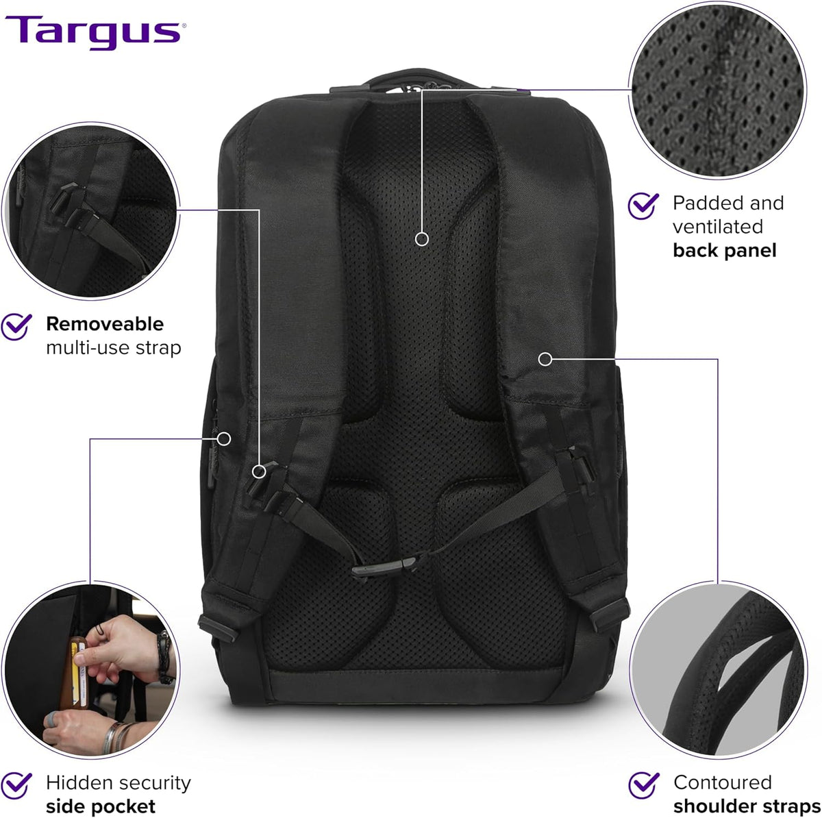 Targus Mochila Work+ EcoSmart de 15 a 16 pulgadas, organizador técnico desmontable, cremalleras con cerradura, materiales reciclados, capacidad de 23 litros, bolsillo para botella de agua, diseño