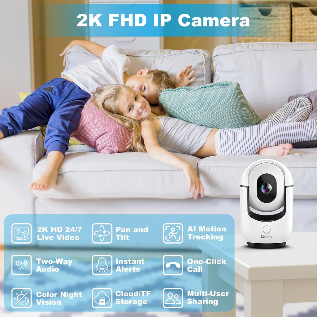 Cloarks Cámara de seguridad panorámica/inclinable 2K, cámaras de interior WiFi para seguridad del hogar con detección de movimiento AI, cámara para mascotas/perros/bebé con aplicación de teléfono