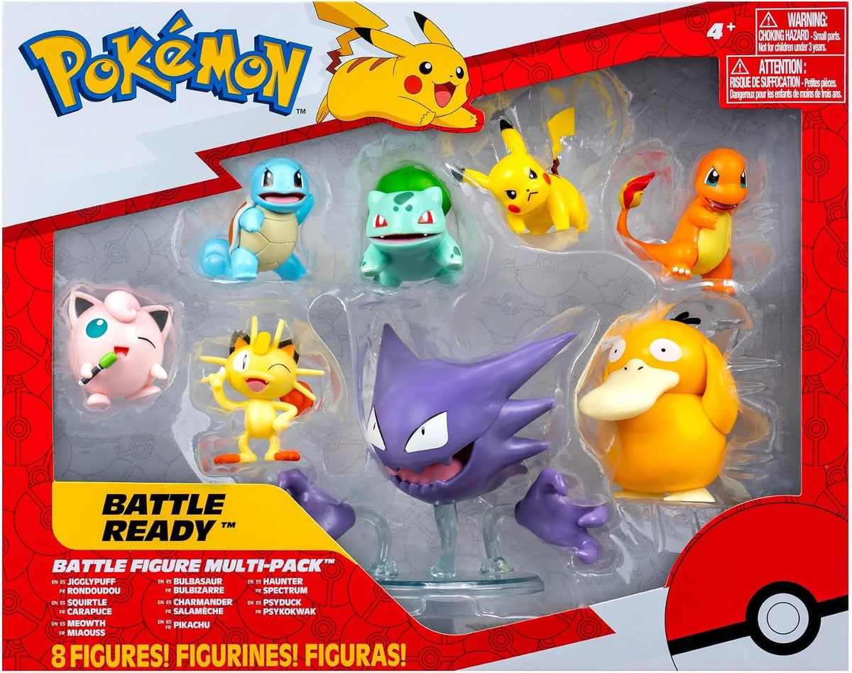 Figura de batalla de Pokémon, paquete de 8 unidades - Seis figuras listas para la batalla de 2 pulgadas y dos figuras de 3 pulgadas, incluyendo Pikachu