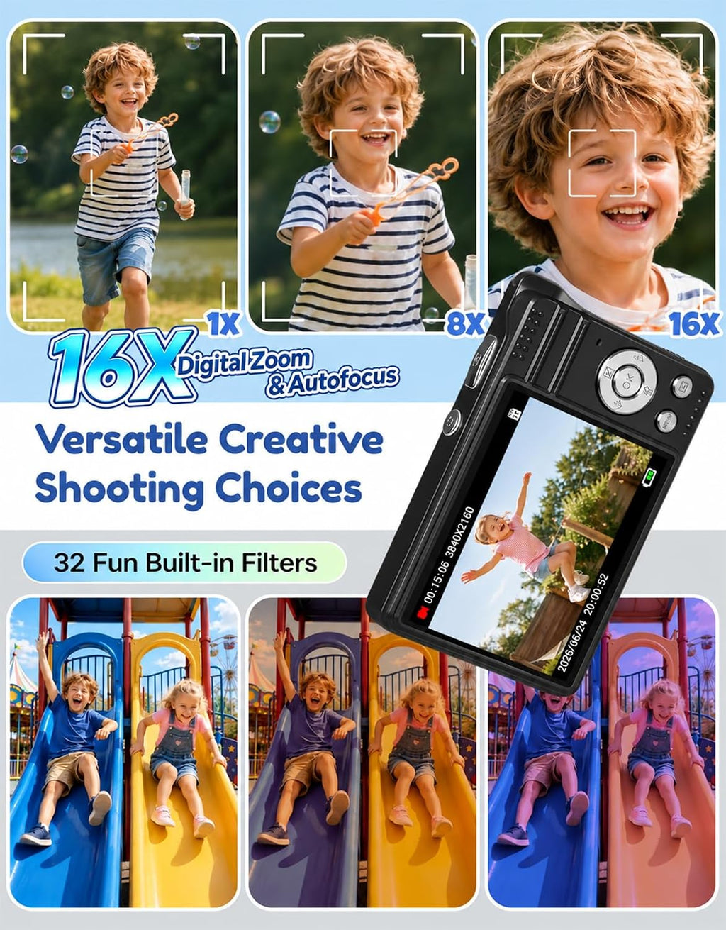 Cámara digital de 50 MP, cámara de vlogging 4K con funda impermeable IP68, zoom 16X, cámara de enfoque automático de 32 filtros para niños, para viajes, niños y adolescentes