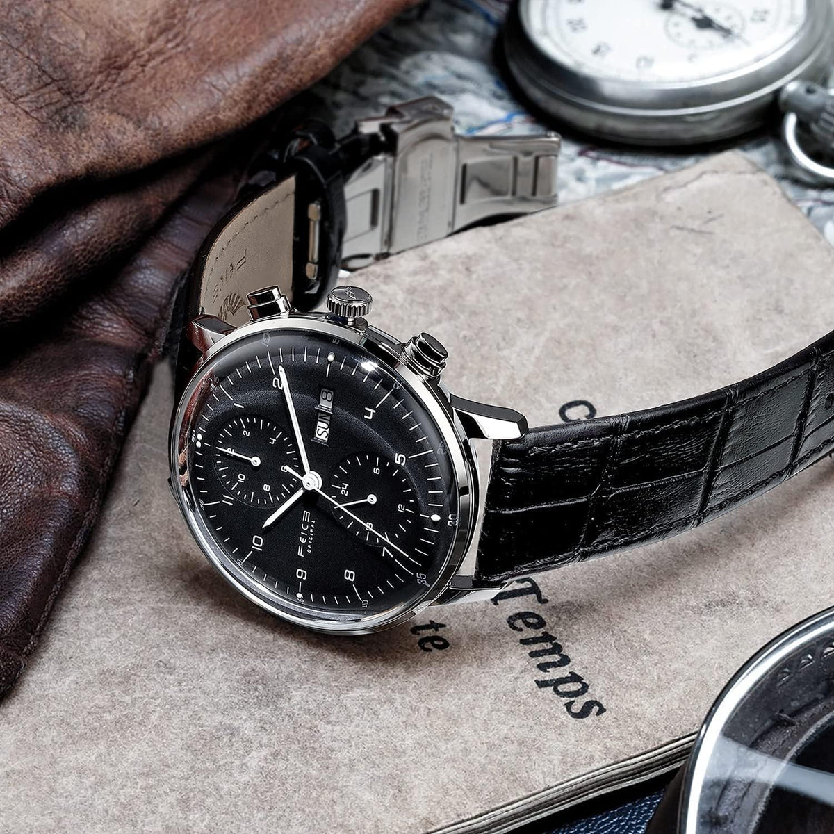 FEICE Relojes para Hombres Bauhaus Reloj Automático de Acero Inoxidable Reloj Mecánico Pulsera Casual Vestimenta para Hombres con Correas de Cuero Fecha -FM121