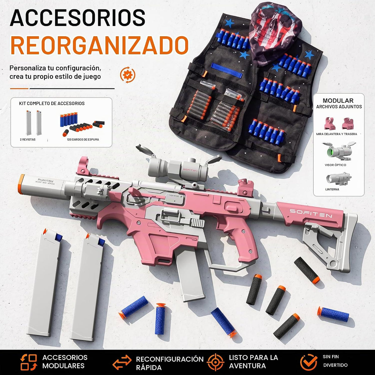 SOFITEN Pistola de juguete con rifle de francotirador automático con kit de chaleco táctico, juguete de alcance, juguetes de dardos de espuma con 120 dardos IR y linterna, juego de actividades al aire libre, regalo de cumpleaños y Navidad para niños a par