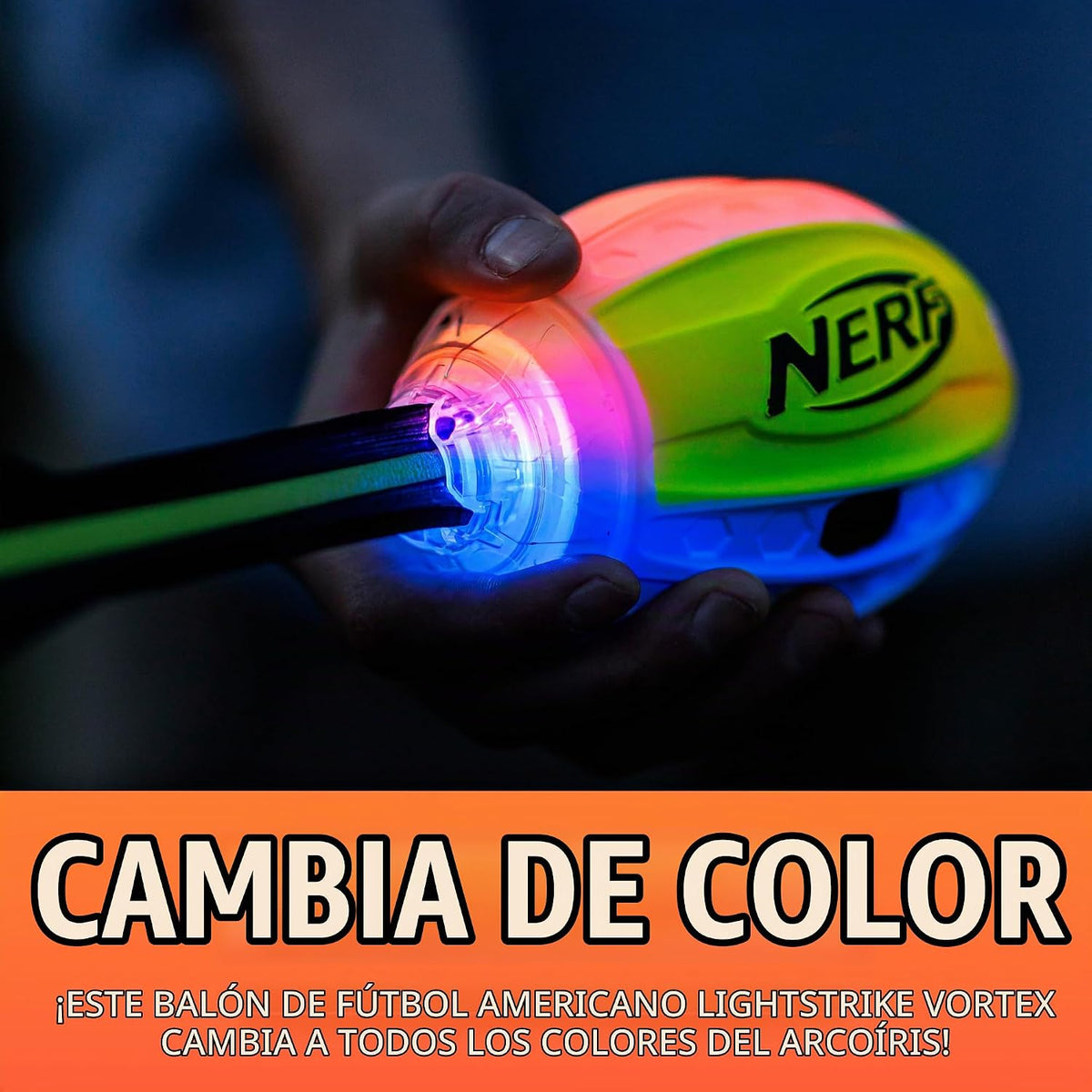 Nerf Lightstrike Vortex Balón de espuma - Balón LED de vórtice suave que cambia de color para lanzamientos de larga distancia - Activado por impacto - Baterías incluidas
