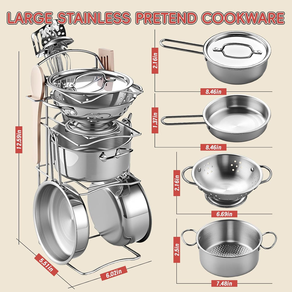 Shimirth Play Kitchen Accessories, Large Stainless Steel Kids Cooking Set