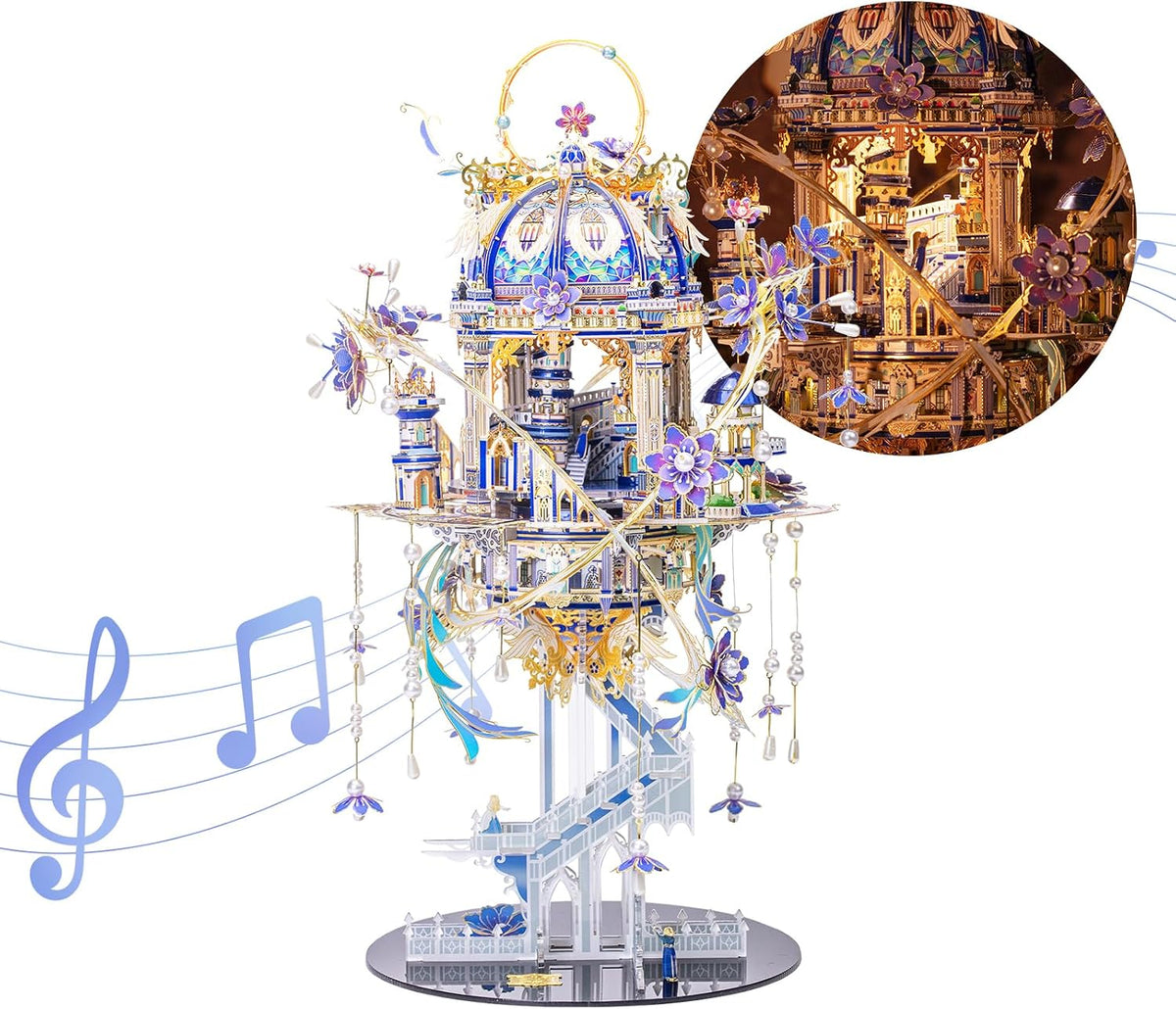 MU Rompecabezas de metal 3D para adultos Romeo y Julieta con juego de caja Musix de iluminación, kits de modelo de palacio de elfos, construcción de arquitectura en miniatura, juego de rol, juego de rol, regalo de amor, decoración del hogar