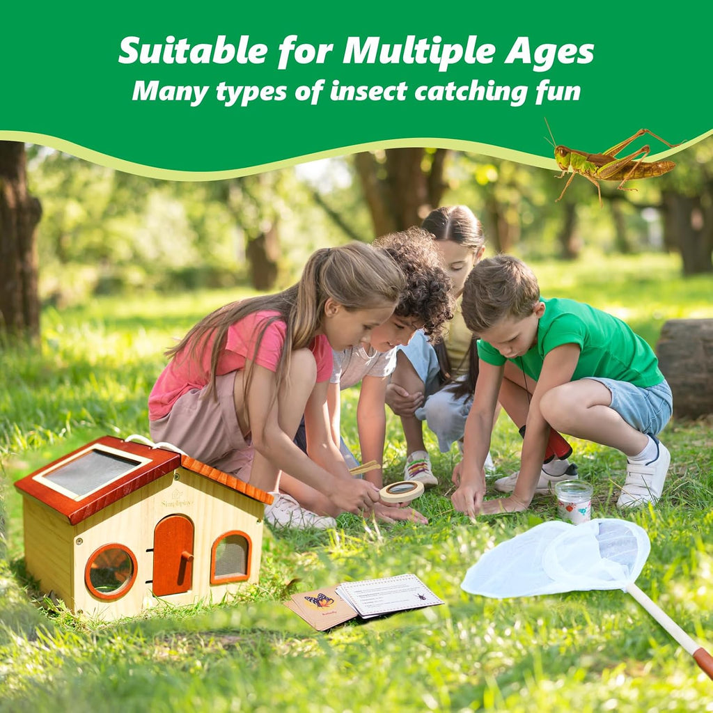 Kit explorador para niños y atrapa insectos para niños, juguetes al aire libre con gran hábitat de bichos de madera portátil, red de mariposa, lupa, taza de observación, 15 tarjetas de