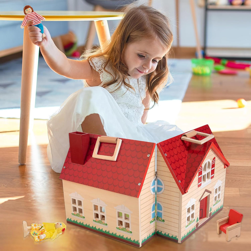 WOODMAM Casa de muñecas plegable de madera con muebles para juegos de
