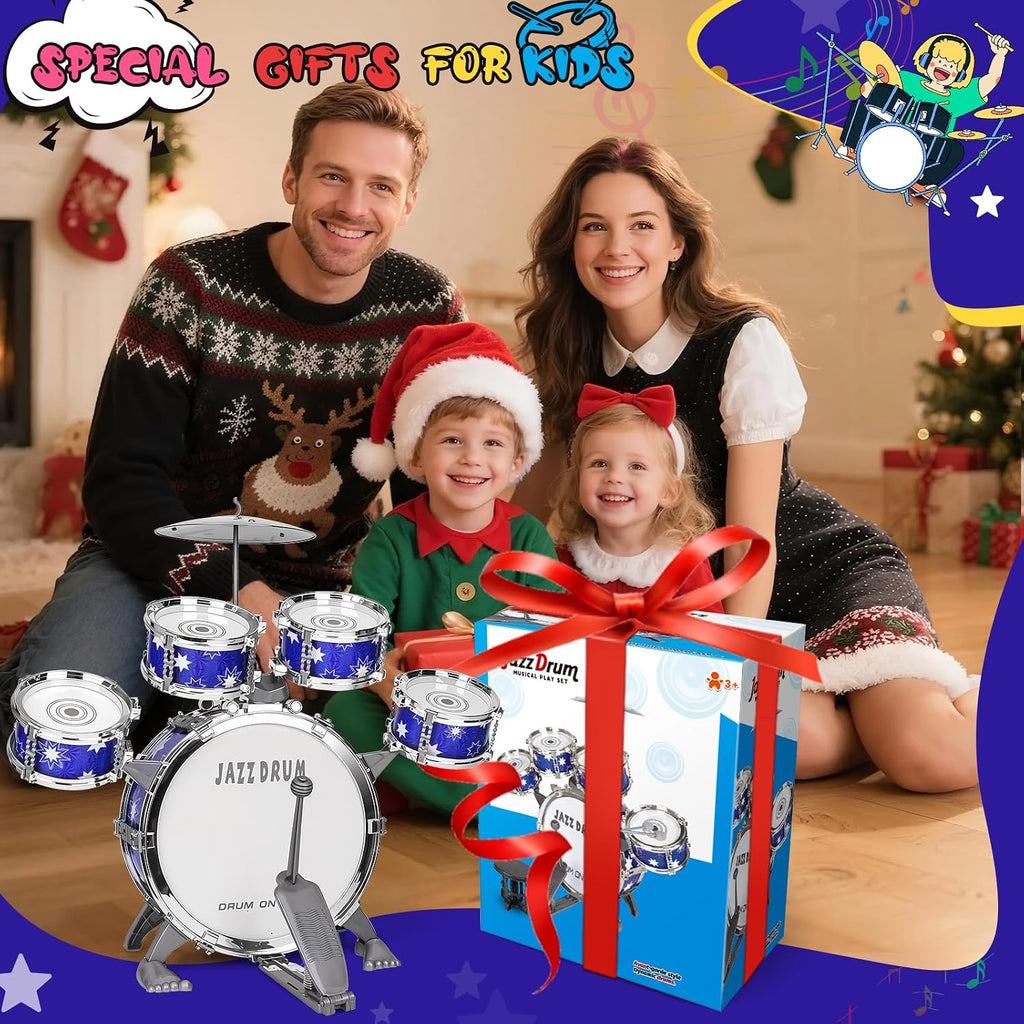 Juego de batería mejorada para niños de 3 a 5 años, kit de batería de jazz con taburete, platillo y pedal de pie, juguetes musicales para niños y niñas, regalos de cumpleaños