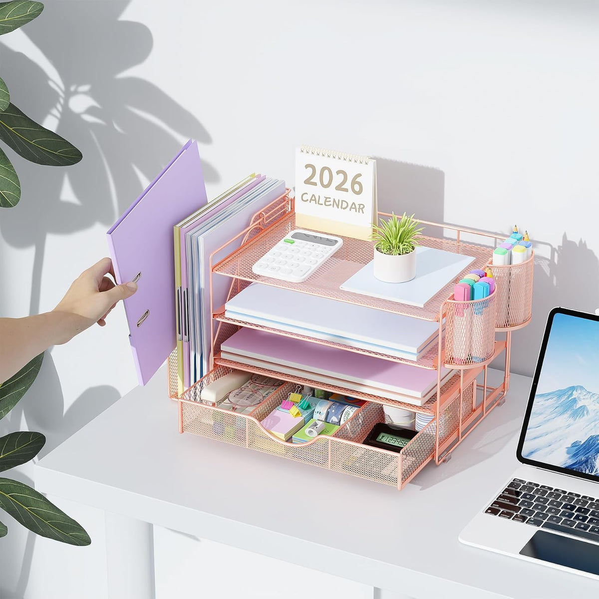 Lámpara gianotter Organizadores de escritorio y accesorios con soporte para archivadores, accesorios de escritorio de 4 niveles y organizadores de espacio de trabajo con cajón y 2 soportes para bolígrafos
