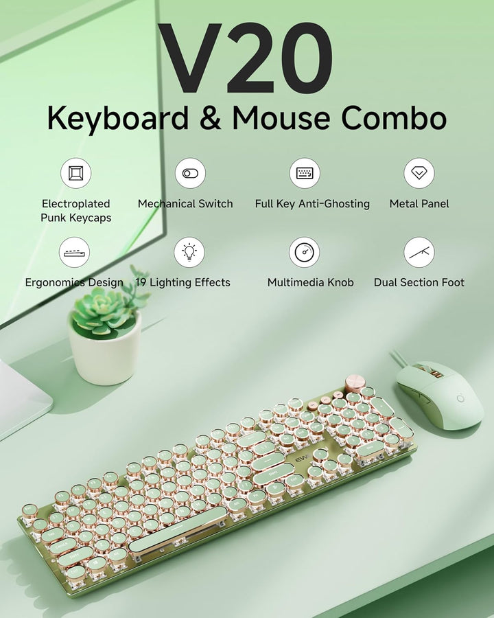 EWEADN Combo de teclado y ratón con cable estilo máquina de escribi...