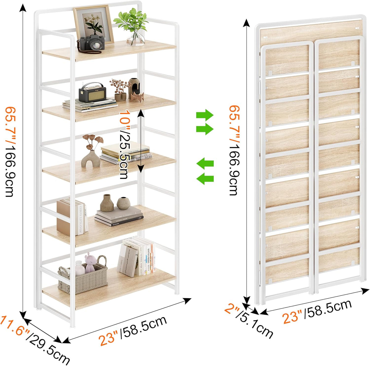 Estantería plegable de 5 niveles,Sin montaje,Estantería de madera vintage
