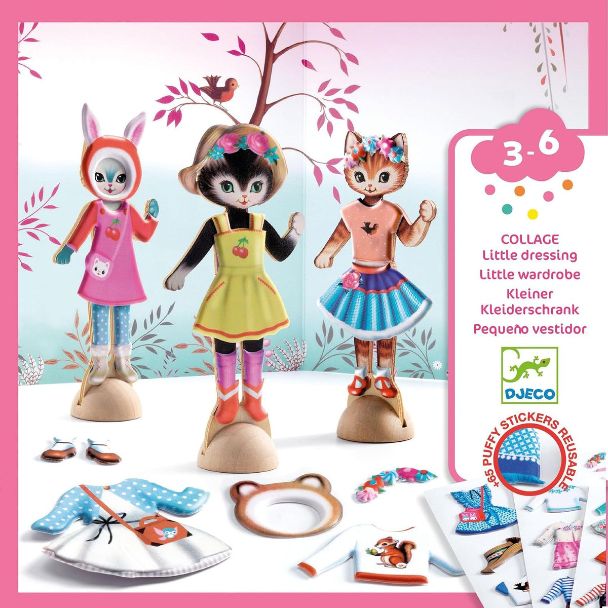 DJECO, Calcomanías de vestir para niños, 3 gatos de madera, más de 65