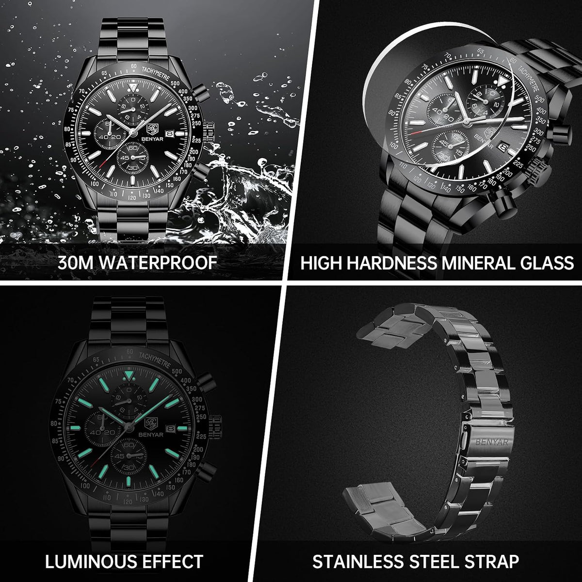 BENYAR Relojes para hombre, reloj de pulsera analógico con movimiento de cuarzo, correa de cuero/acero inoxidable/silicona, reloj de vestir casual para deportes de negocios, resistente al agua