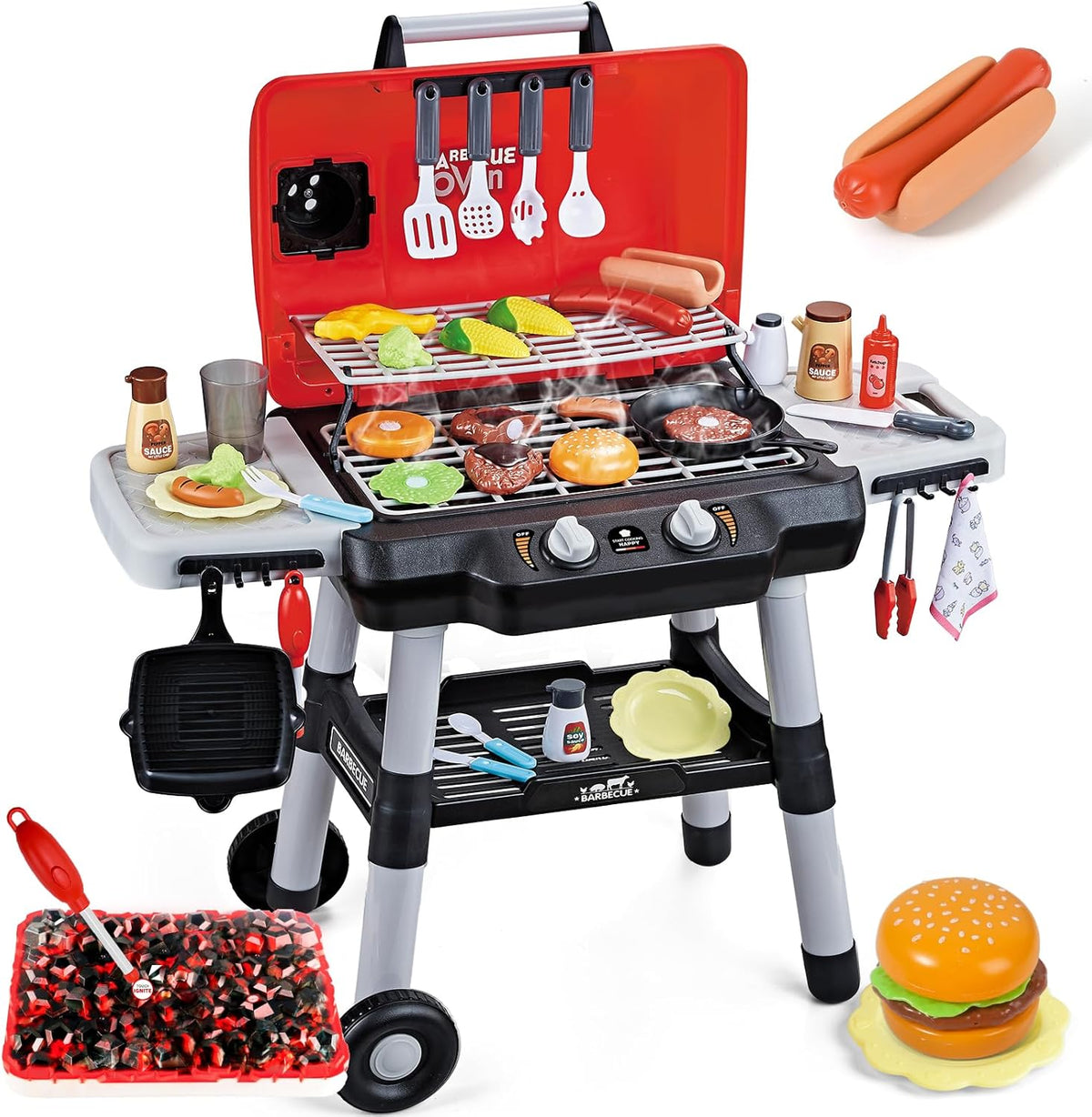 Juguetes de cocina para niños, juego de parrilla de barbacoa para niños con humo, sonido y luz, juguete de barbacoa de 2 niveles con rueda, juguetes de parrilla de juego al aire libre para niños