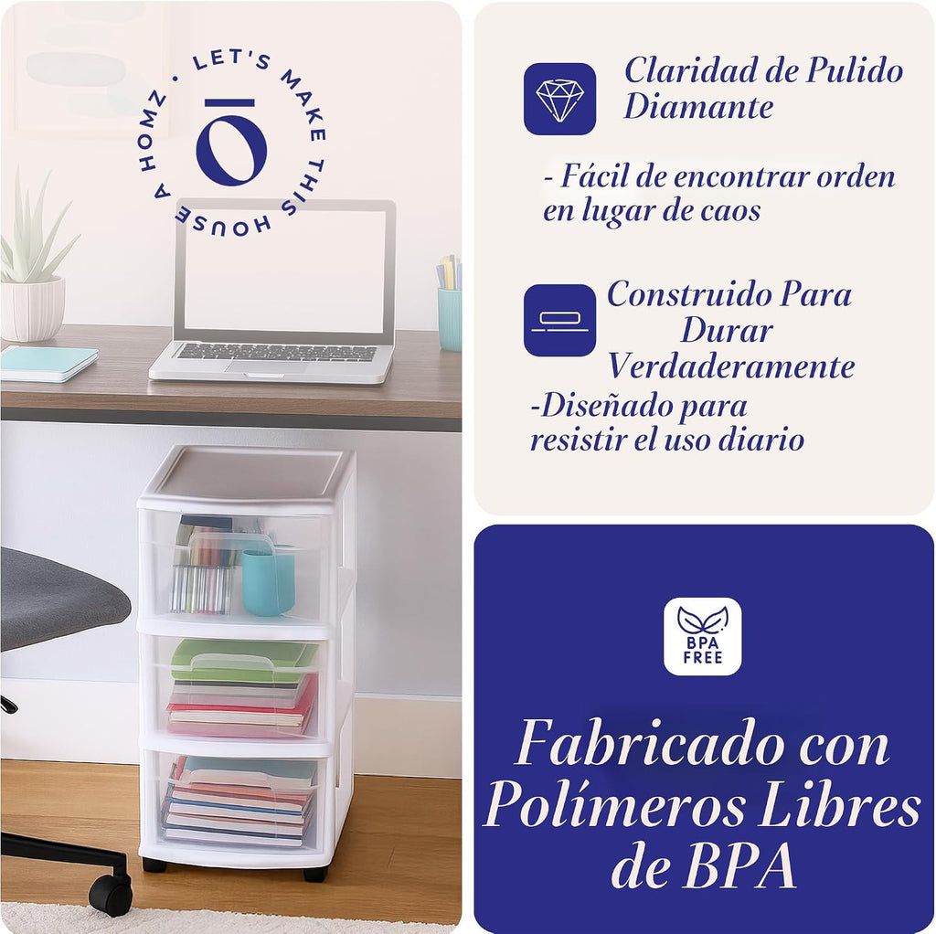 HOMZ - Torre de cajón, carrito de almacenamiento de 3 niveles con ruedas