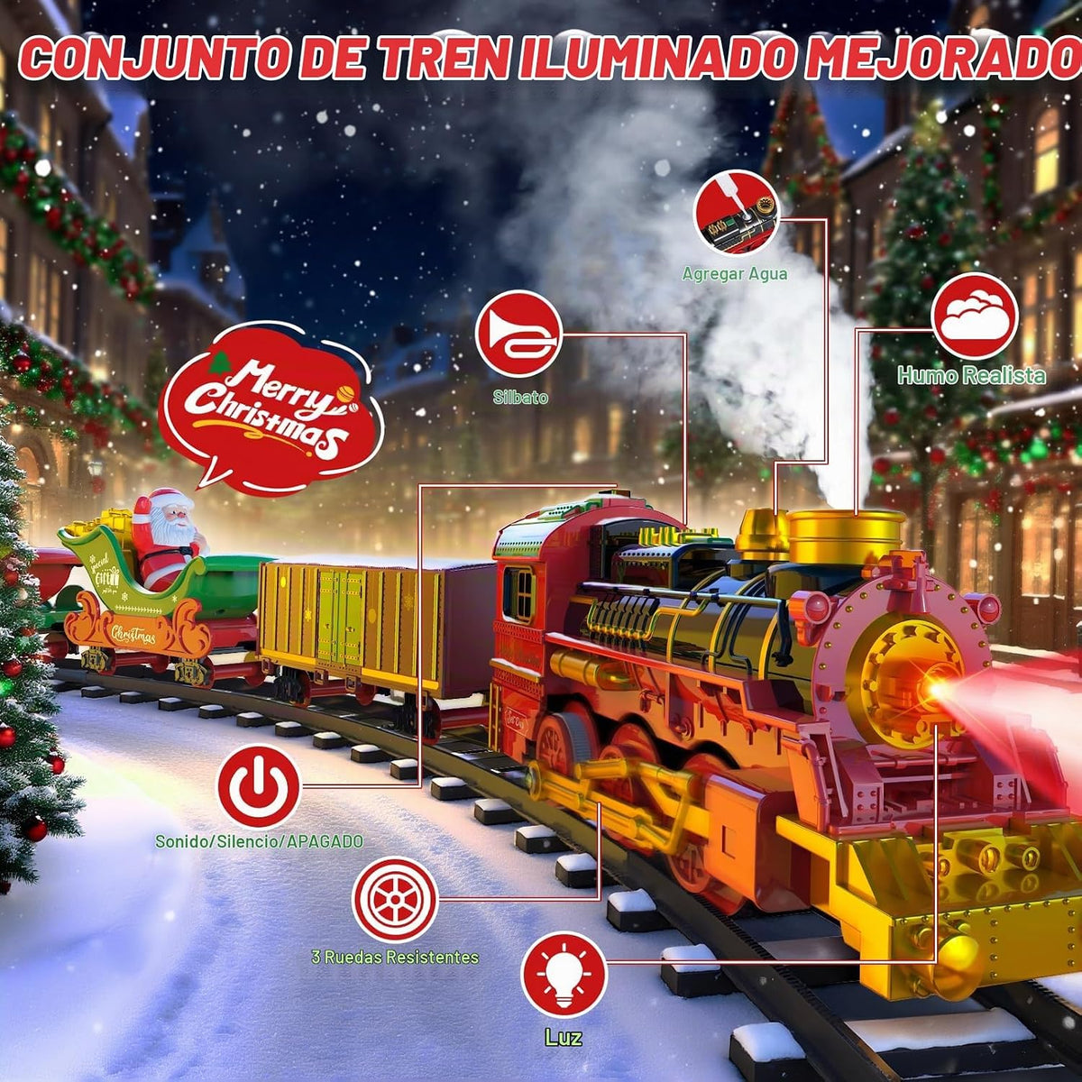 Juego de tren de Navidad colgante con luz/humo/sonido/música, juego de tren de juguete alrededor debajo del árbol de Navidad, regalo de juguetes de Navidad con Papá Noel, juego de tren de árbol de Navidad para niños de 3-5, 4-8