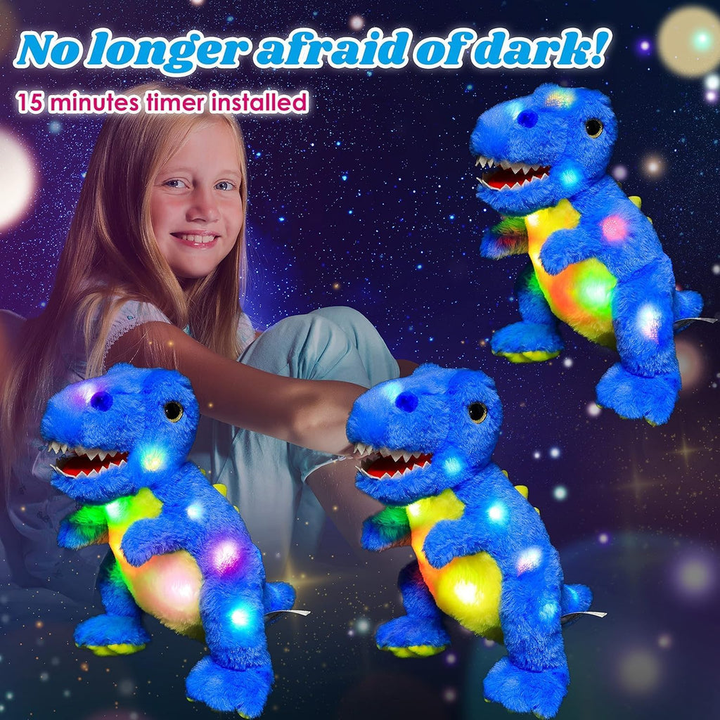 Peluche de dinosaurio azul con luces LED, para cumpleaños, Navidad
