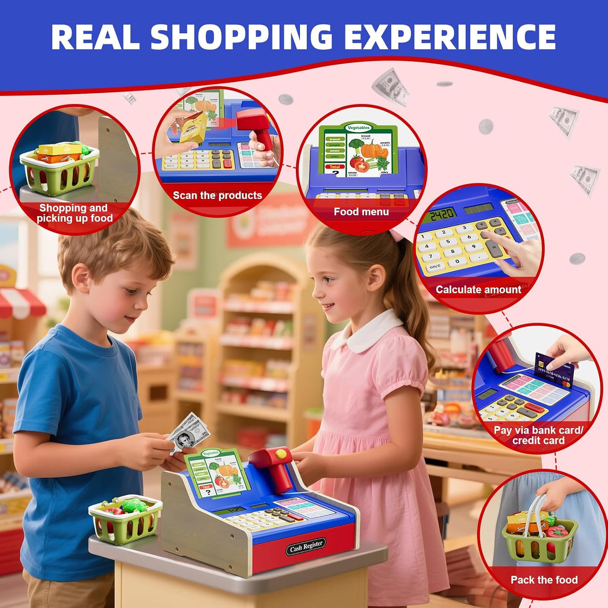 Caja registradora de madera recargable para niños, juguetes educativos para niños en color azul