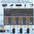 Conmutador KVM HDMI DP 3 monitores 3 computadoras, 8K @60Hz/4K @144Hz Conmutadores KVM de triple monitor para 3 PC compartiendo 3 monitores, teclado y ratón, con cables USB, controlador y adaptador de