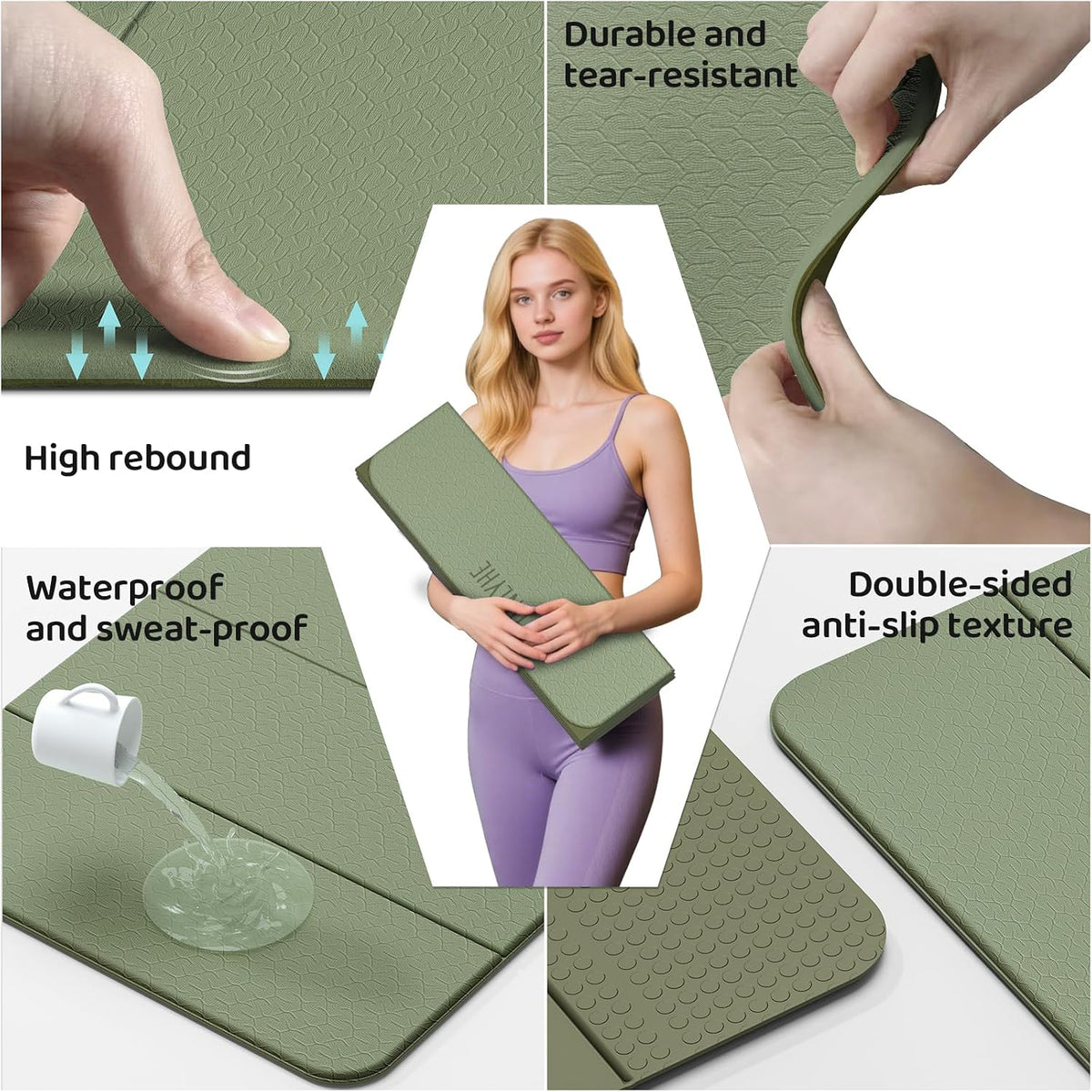 Esterilla de yoga plegable (0.47 pulgadas) para entrenamiento en casa, cómoda y duradera, gruesa y portátil, antideslizante, alfombrilla de pilates gruesa, uso al aire libre, meditación, viajes
