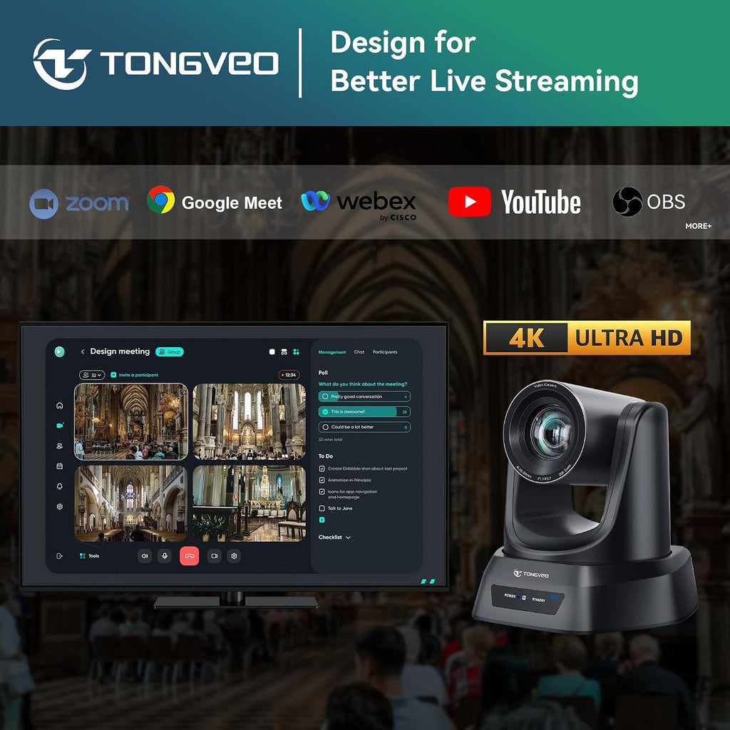 TONGVEO Cámara PTZ 4K AI con seguimiento automático y zoom óptico 20X, cámara web de sala de conferencias con HDMI/USB3.0/LAN/PoE, ideal para adoración de la iglesia, reuniones de zoom, transmisión en vivo y educación