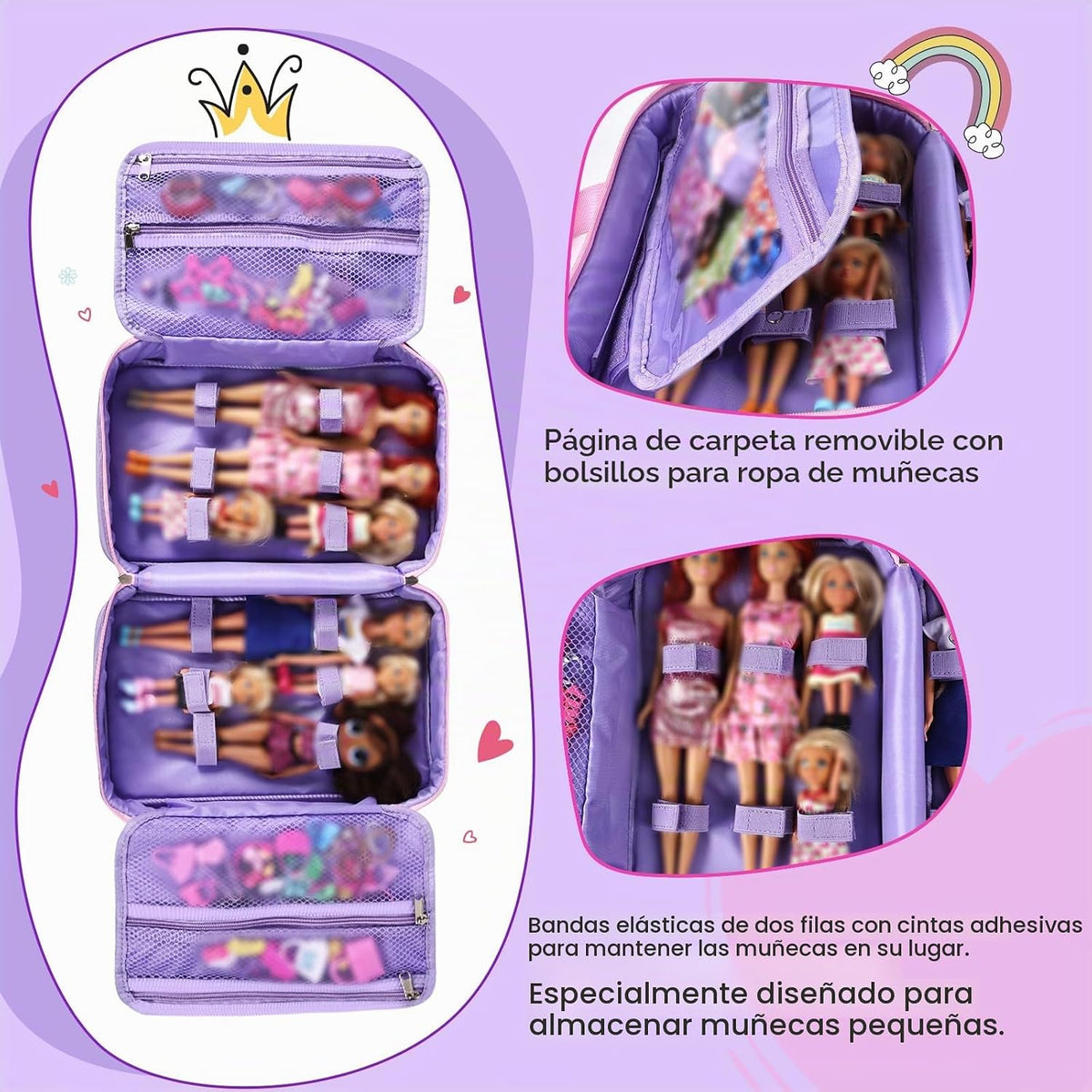 Funda de transporte compatible con muñecas Barbie de 12 pulgadas/6 pulgadas, organizador todo en uno con capacidad para 6-12 muñecas y accesorios, funda de viaje grande para muñecas con asa, solo bolsa (morado)