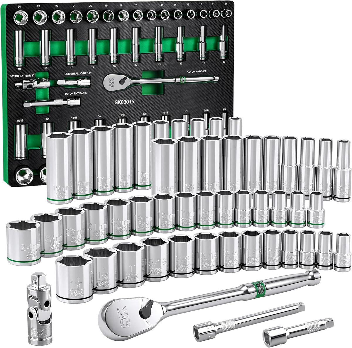 SK Juego de Dados de 1/2" con llave de trinquete de 90 dientes, 52 piezas, SAE y métrico