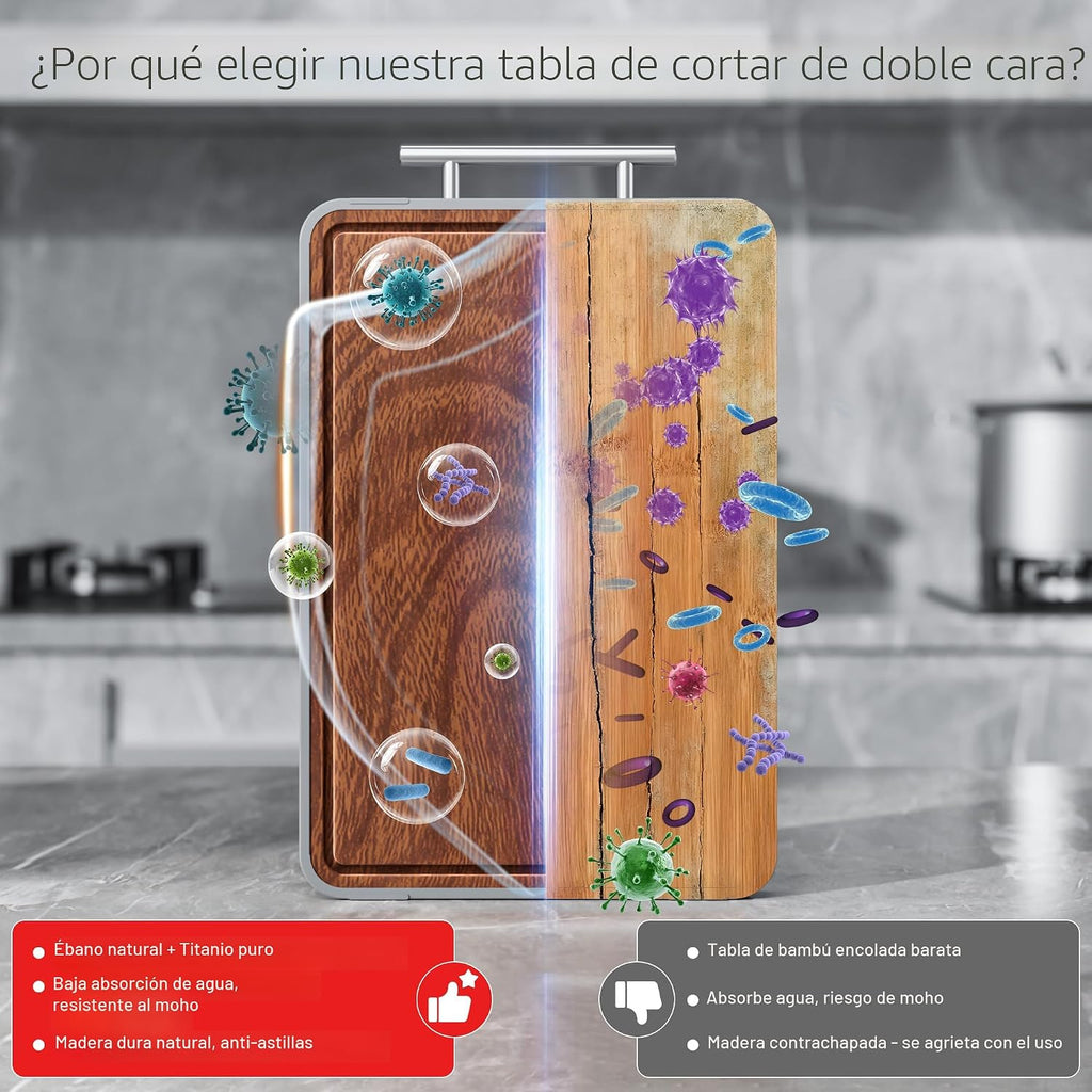 Tablas de cortar de titanio para cocina, tabla de cortar de madera de ébano, tabla de cortar de metal de doble cara con asa y canal para jugos, ideas de electrodomésticos de cocina para carne y charcutería