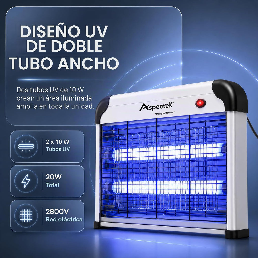 ASPECTEK Exterminador de insectos eléctrico de 20 W, mata insectos para interiores y exteriores cubiertos, trampa para mosquitos, moscas y polillas con malla protectora y cadena colgante para una