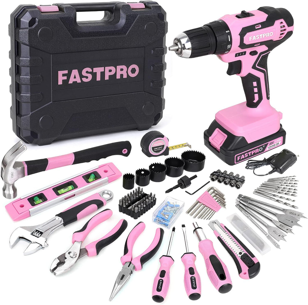 FASTPRO Juego de taladro rosa de 20 V para mujeres, kit de herramientas