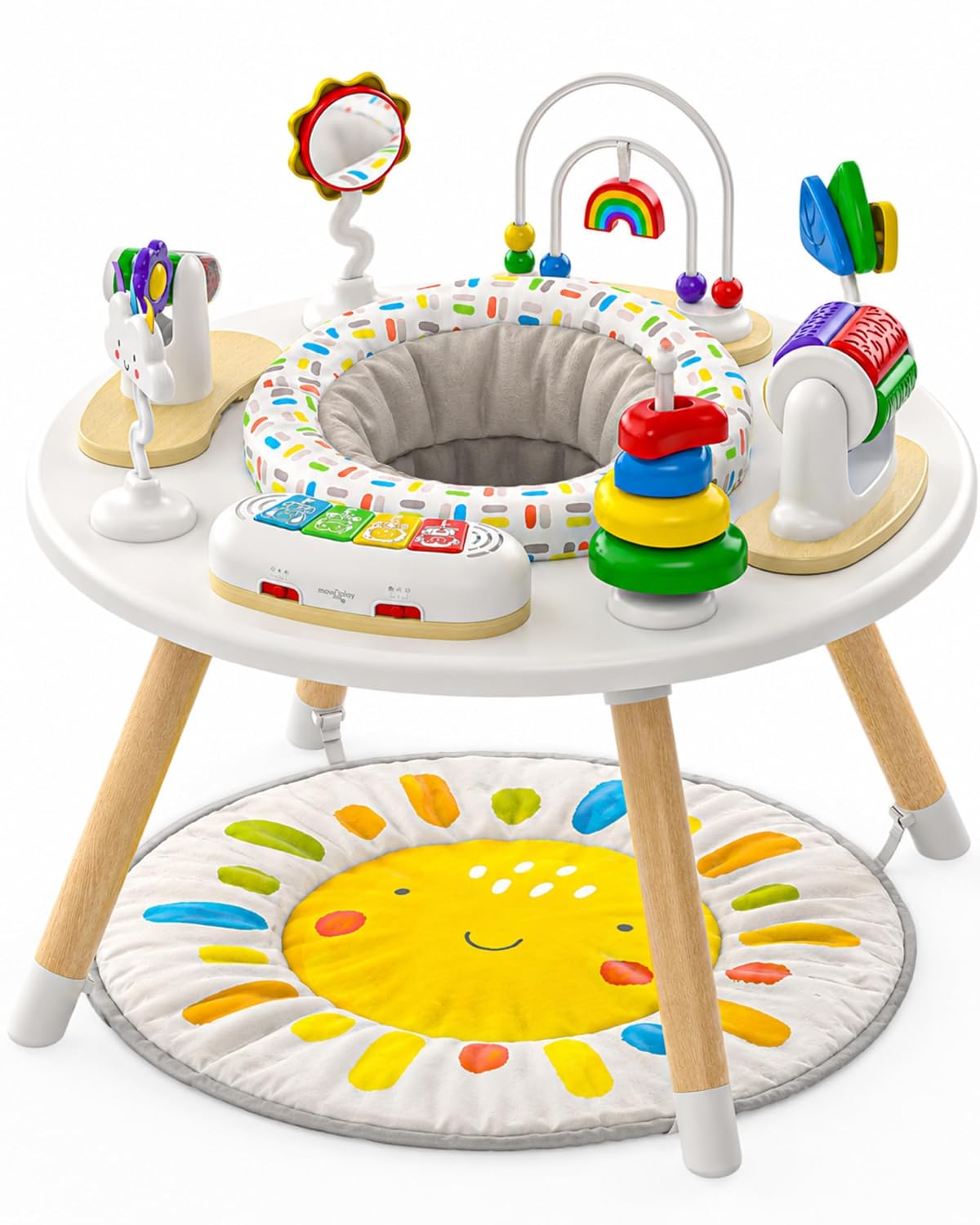 Little Acorn, Centro de actividades para bebés 4 en 1 | Diseño inspirado en Montessori | 8 juguetes interactivos | Tiempo boca abajo, Exersaucer y mesa para niños pequeños | Regalo de ducha | Esencial (sol)