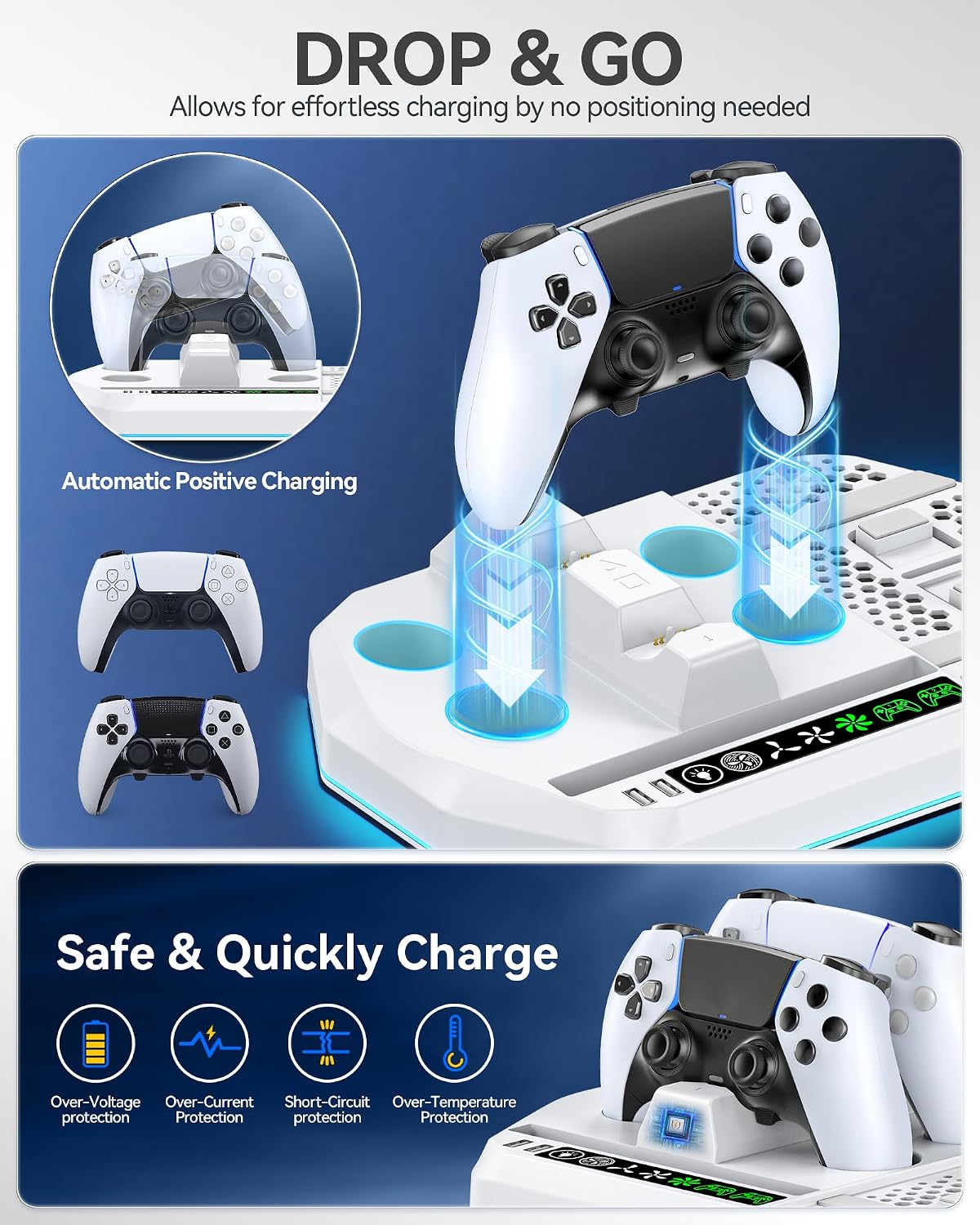 Estación de Enfriamiento con Cargador y Controlador para PS5/Slim/Pro, Soporte Vertical de PlayStation 5 para Consola con Disco y Digital, Estación de Carga Dual para Controladores PS5 con Ventilador de Enfriamiento de 3 Niveles, Juegos de PlayStation 3