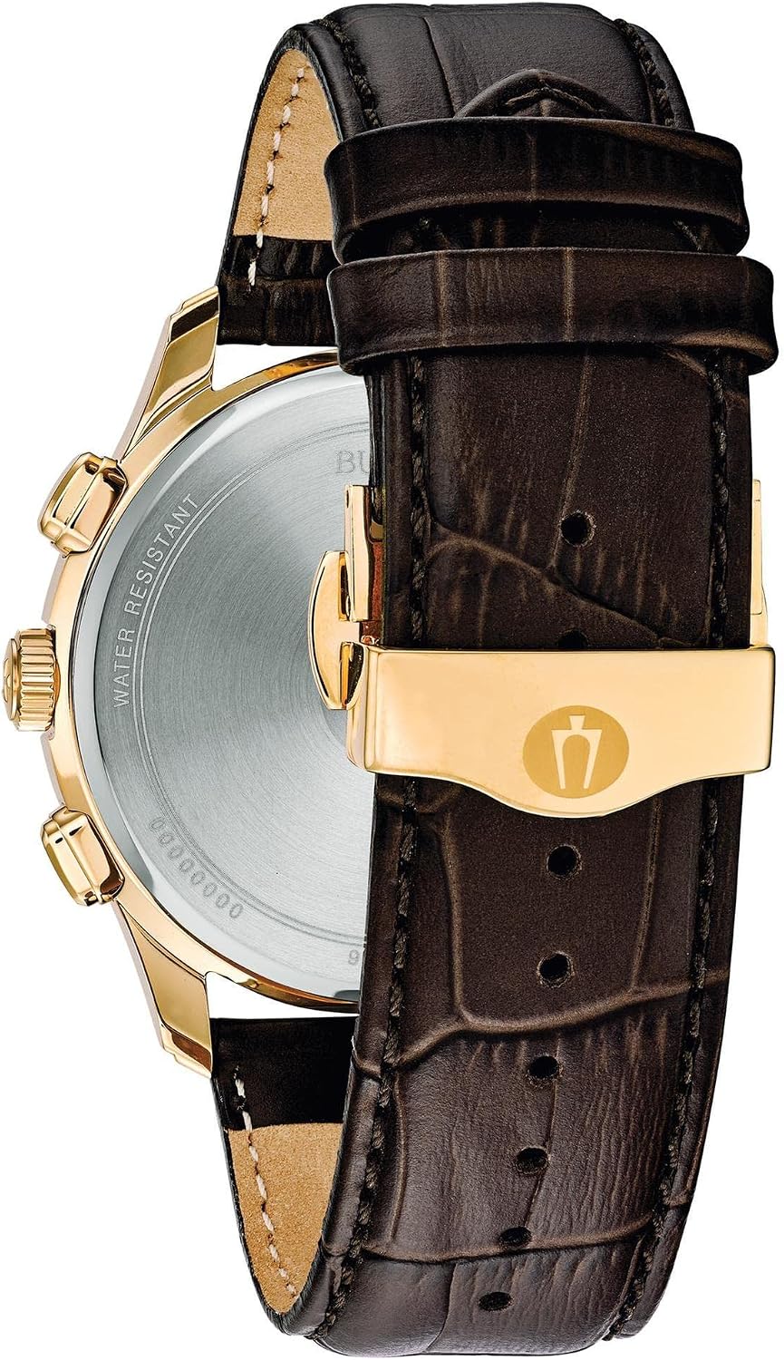 Bulova Reloj para hombre, Correa dorada/marrón, Correa de cuero marrón de acero inoxidable con cronógrafo clásico