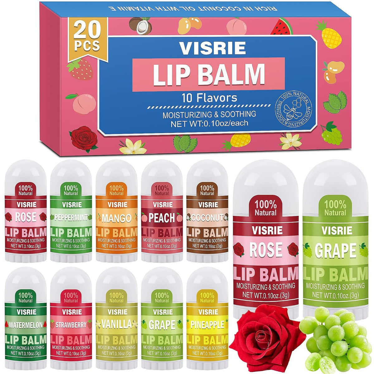 VISRIE Paquete de 20 mini bálsamo labial a granel, bálsamo labial n...