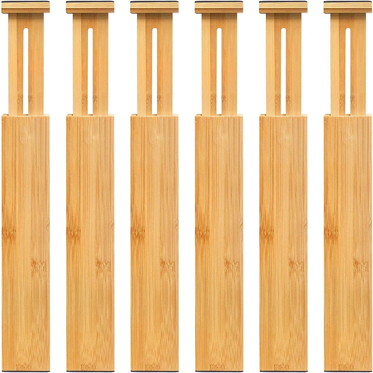 VaeFae Paquete de 6 separadores de cajones de bambú ajustables, organizador de cajones expandible para utensilios de cocina, ropa, baño, oficina, se adapta a interiores de cajones de 16.6 a 21.8