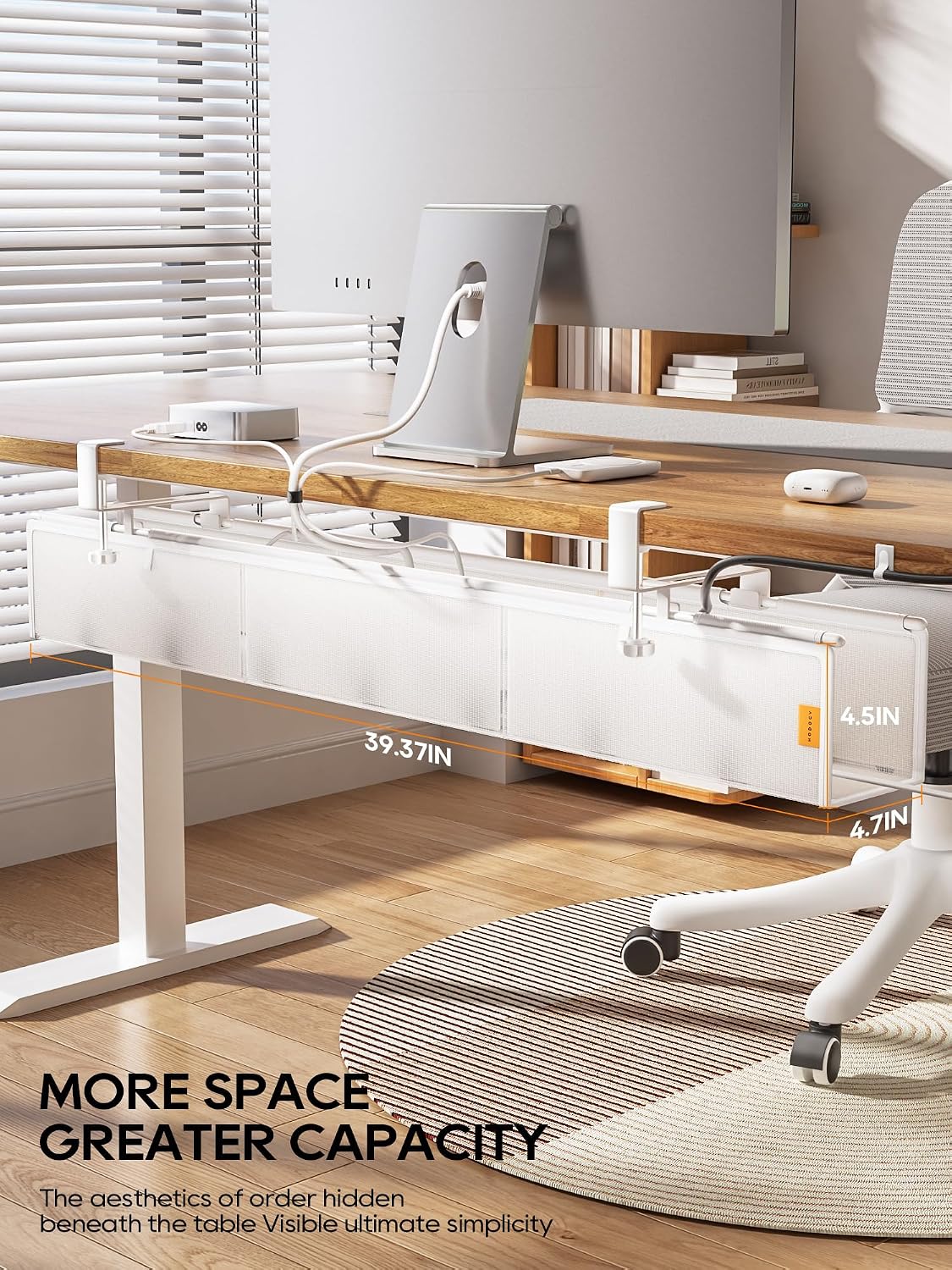 Bandeja de organización de cables para debajo del escritorio, sin taladro, bridas incluidas, material de lona ecológico, diseño de malla para disipación de calor, organizador de cables/almacenamiento