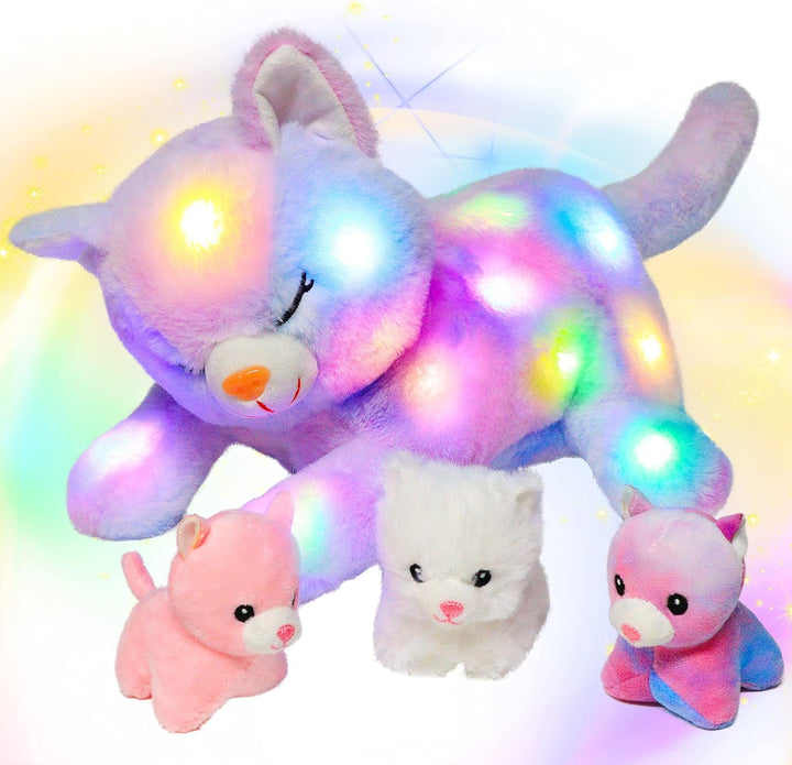 Hopearl Gatito de peluche con luces LED, mamá gato iluminada con 3...