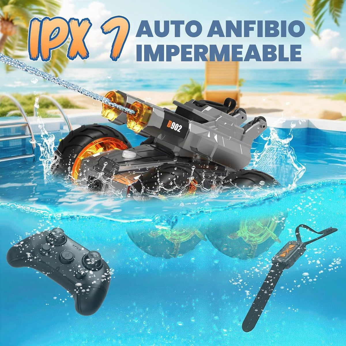 Auto RC anfibio con pistola de agua, juguetes de piscina de agua de verano, vehículo de acrobacias a control remoto impermeable para niños a partir de 8 años, con detección de gestos, autos de