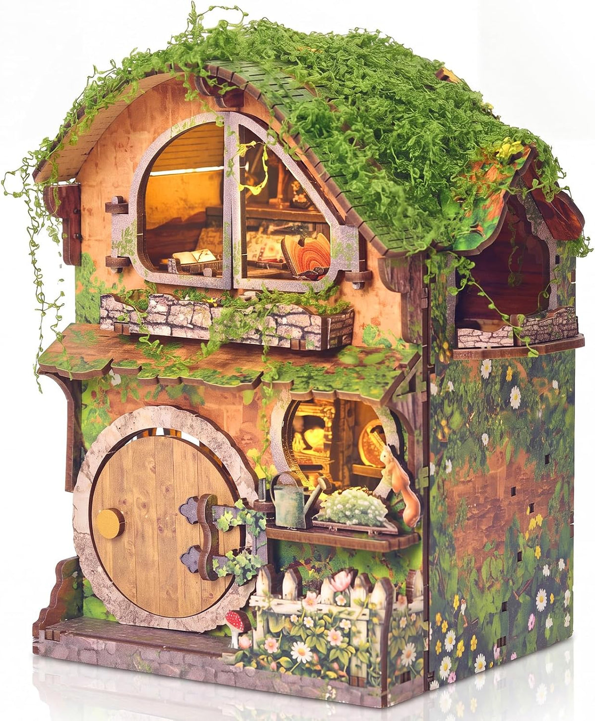 Kit de rincón de libro de invernadero con luz, casa miniatura de