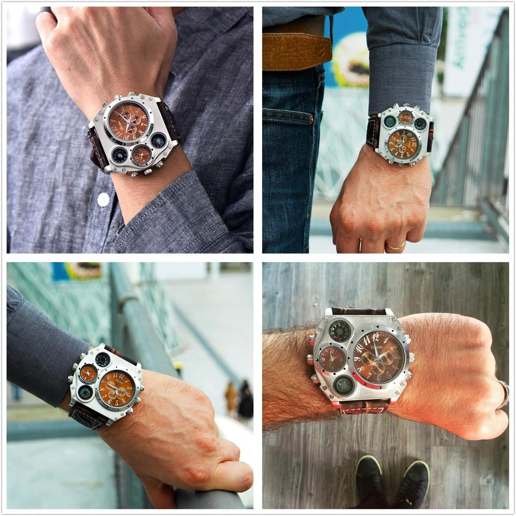 Avaner Reloj de pulsera de cuero para hombre: reloj analógico de cuarzo con correa de cuero, esfera grande y sobredimensionada, doble zona horaria