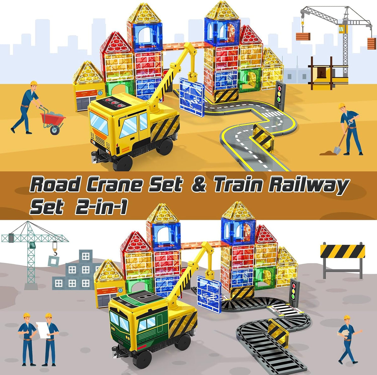 Magnetic Tiles con 2 Cranes, Magnetic Construction Toys STEM Building Toys