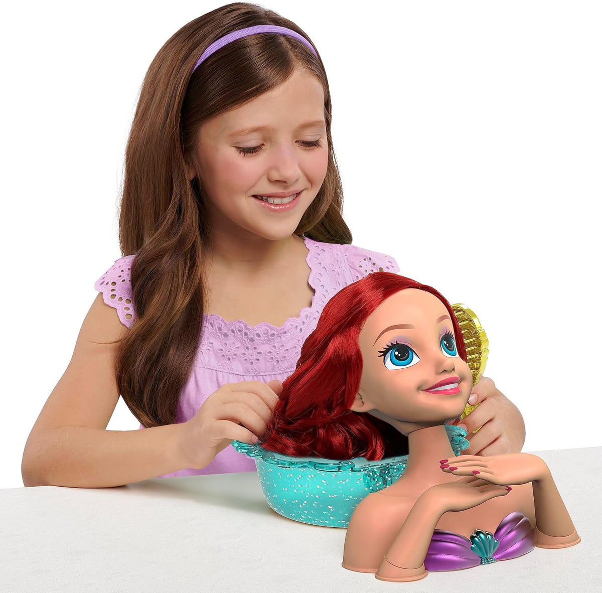 Disney Princess Shimmer Spa Ariel - Cabezal de peinado de 8 pulgadas, 20 piezas, pelo rojo, juego de simulación, juguetes para niños a partir de 3 años Just Play